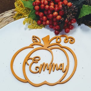 Thanksgiving place cards orange pumpkin table decor pumkin place cards laser cut thanksgiving name cards Laser Cut wooden Place Cards Orange painted wood