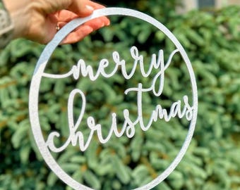 Panneau de Noël personnalisé, Panneau rond « Joyeux Noël », Décoration murale de Noël personnalisée, Couronne de Noël en bois, Décoration de porte de Noël