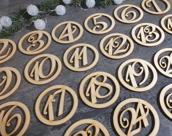 Advent calendar Wooden number tags Advent wood tags natural Christmas tags, set of 25, wooden baubles Wooden Calendar Circle Number Cut Outs