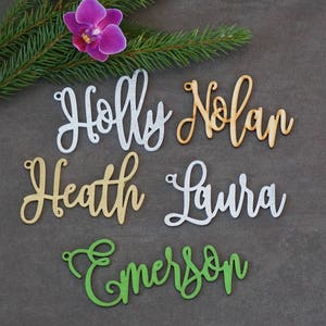 May include: Five wooden name tags with cursive lettering. The names are Holly, Nolan, Heath, Laura, and Emerson. The names are in different colors: silver, brown, gold, silver, and green.
