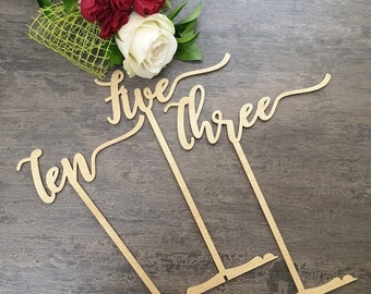 Wood Table numbers, wedding table numbers, text table numbers, wooden wedding table numbers, FREE STANDING NUMBERS, script table Numbers