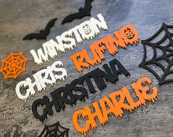 Custom name with skull Halloween Laser Cut Names Spooky Halloween tags with angry pumpkin Halloween Table Decors Halloween Place cards