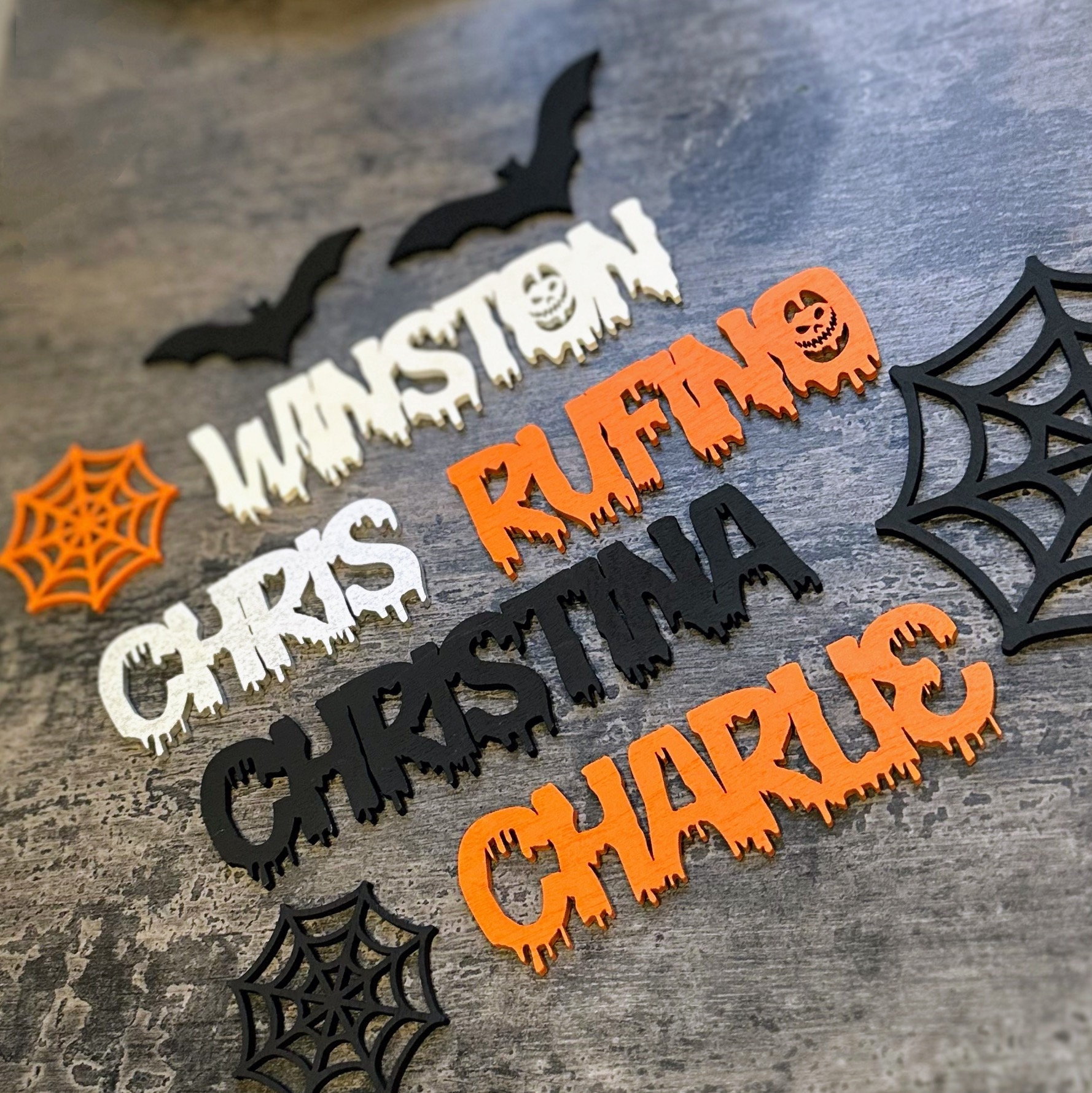 Custom name with skull Halloween Laser Cut Names Spooky Halloween tags with angry pumpkin Halloween Table Decors Halloween Place cards