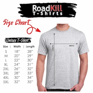 May include: Size chart for unisex t-shirts. The chart shows the width and length of the shirts in inches for sizes S through 5XL.