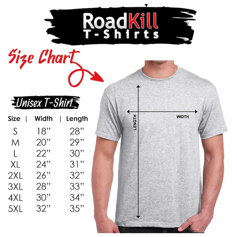 May include: Size chart for unisex t-shirts. The chart shows the width and length of the shirts in inches for sizes S through 5XL.