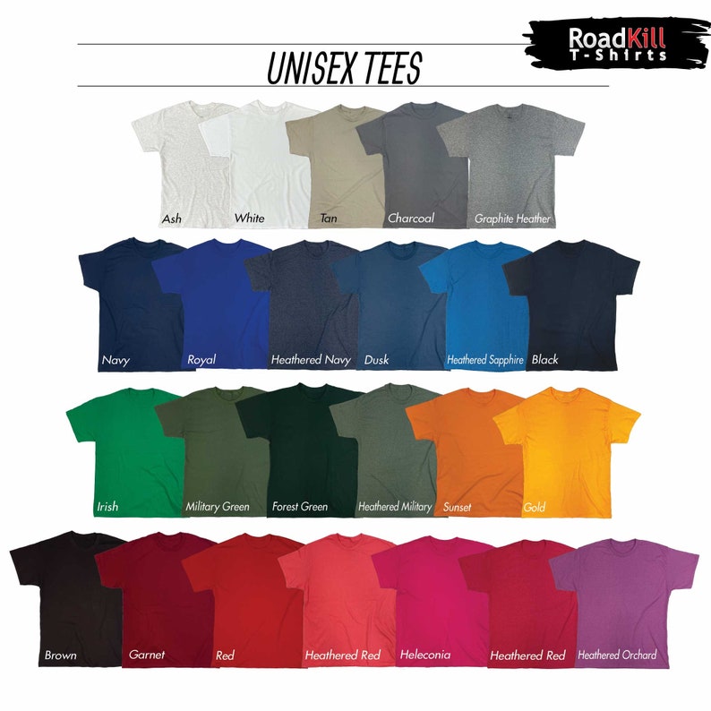 May include: A chart showing 20 different unisex t-shirt colors. The colors are arranged in rows and labeled with their names. The names include Ash, White, Tan, Charcoal, Graphite Heather, Navy, Royal, Heathered Navy, Dusk, Heathered Sapphire, Black, Irish, Military Green, Forest Green, Heathered Military, Sunset, Gold, Brown, Garnet, Red, Heathered Red, Heleconia, Heathered Red, and Heathered Orchard.