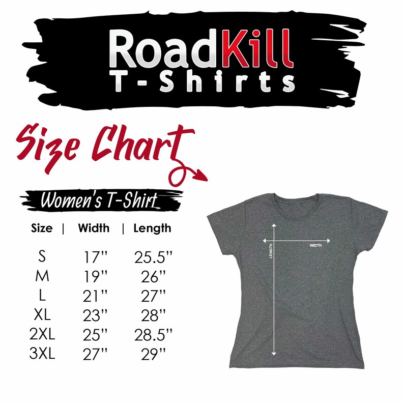 May include: Size chart for women's t-shirts with measurements in inches. The chart shows the size, width, and length of each size from S to 3XL.