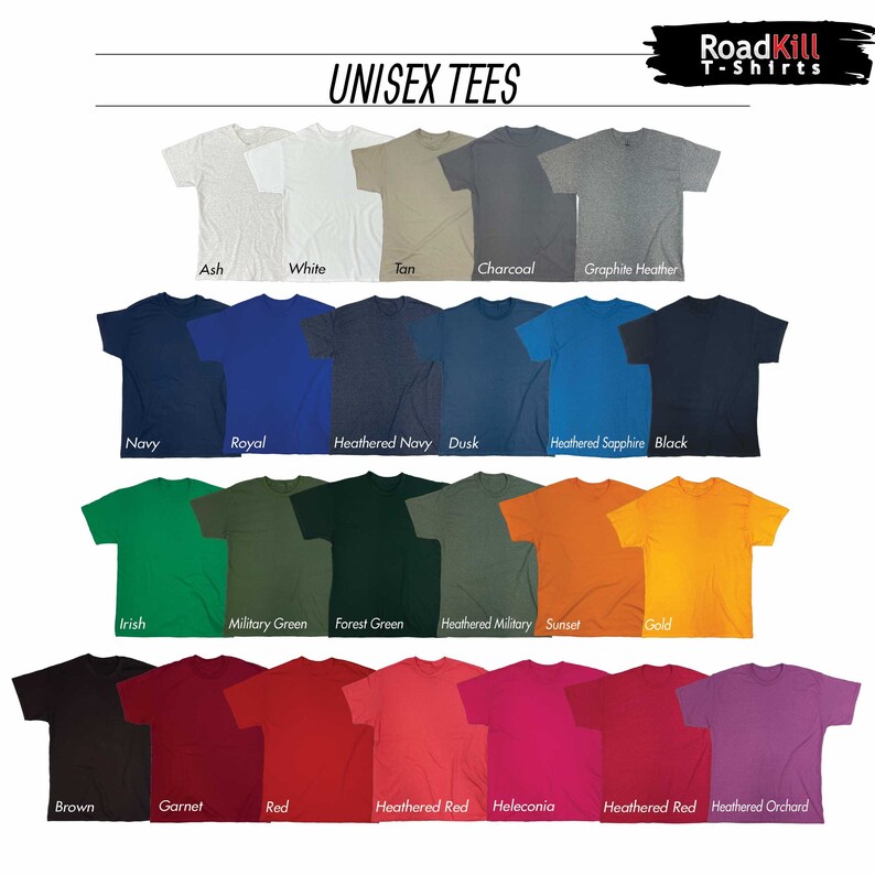 May include: A chart showing 20 different unisex t-shirt colors. The colors are arranged in rows and labeled with their names. The names include Ash, White, Tan, Charcoal, Graphite Heather, Navy, Royal, Heathered Navy, Dusk, Heathered Sapphire, Black, Irish, Military Green, Forest Green, Heathered Military, Sunset, Gold, Brown, Garnet, Red, Heathered Red, Heleconia, Heathered Red, and Heathered Orchard.