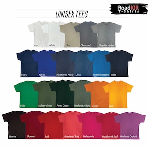 May include: A chart showing 20 different unisex t-shirt colors. The colors are arranged in rows and labeled with their names. The names include Ash, White, Tan, Charcoal, Graphite Heather, Navy, Royal, Heathered Navy, Dusk, Heathered Sapphire, Black, Irish, Military Green, Forest Green, Heathered Military, Sunset, Gold, Brown, Garnet, Red, Heathered Red, Heleconia, Heathered Red, and Heathered Orchard.