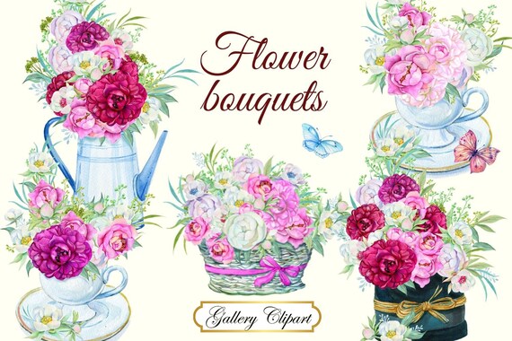 Flower Clipart 5 PNG Peony Flowers S in Cupsbasketwatering - Etsy