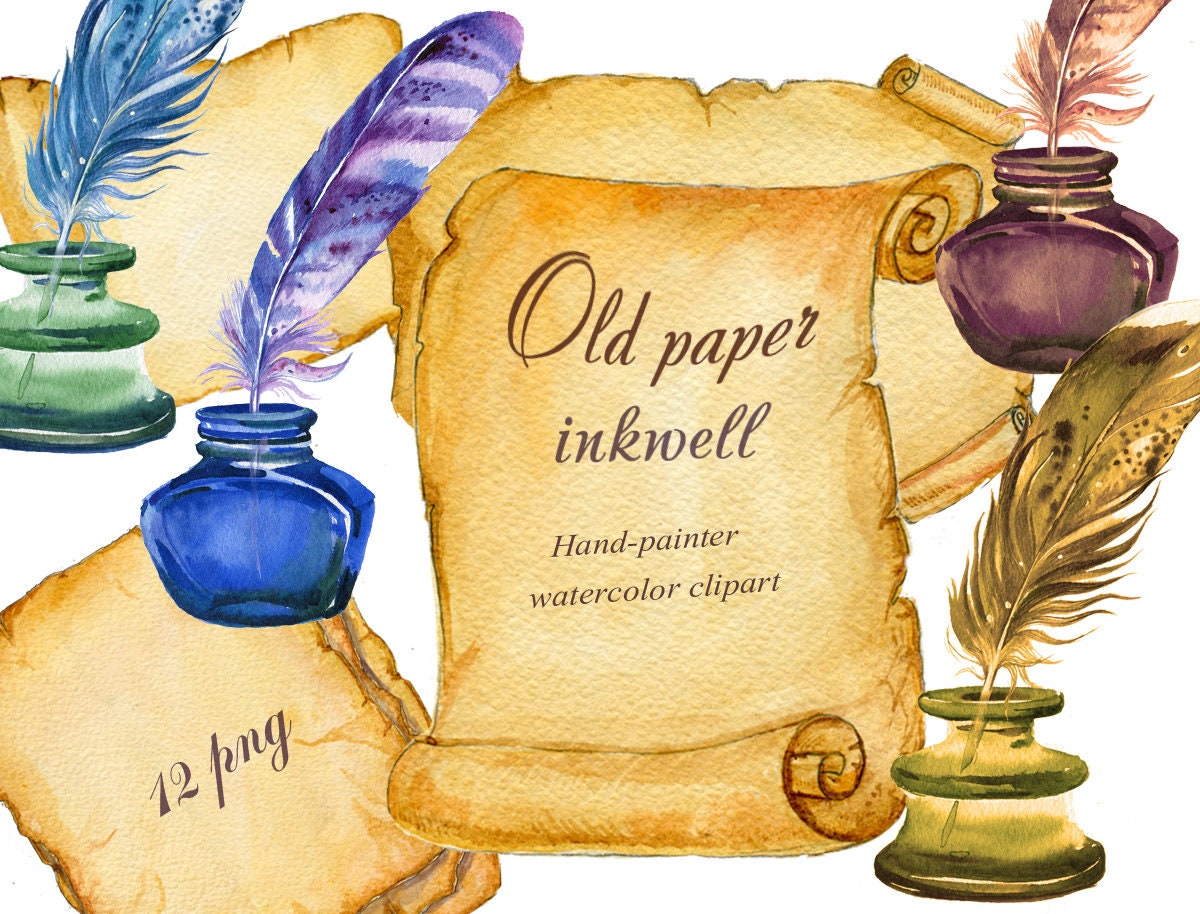 Watercolor Paper Scrolls Clipart, Inkwell Clipart, Ancient Vintage