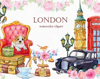 London Clipart Watercolor, Travel Clip Art, red telephone box, Big Ben,London taxi,Scrapbooking