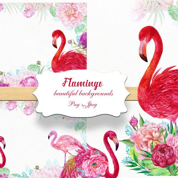 Flamingos and flowers backgrounds. Watercolor. Flowers, Tropical backgrounds .PNG