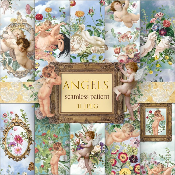 Angel vintage, seamless pattern, floral ornament, angel in the clouds, Baroque frames, Renaissance vintage, rose flowers, digital Papers