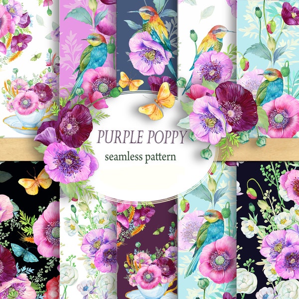 Purple Poppy Seamless Patterns,Floral Digital Paper, Watercolor Floral Background, Floral Scrapbooking