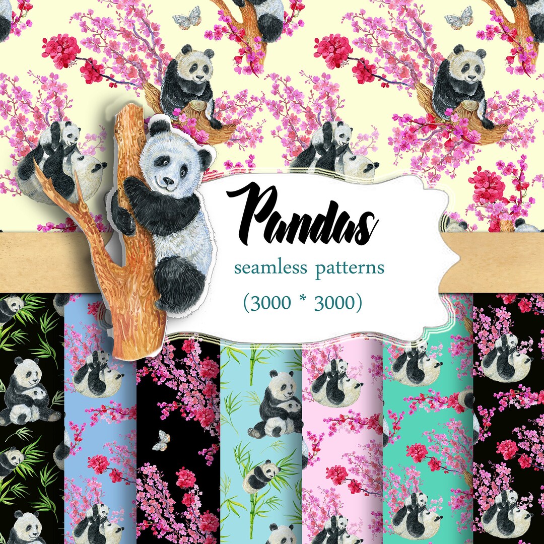 Panda Digital Paper, Panda, Seamless Patterns Watercolor Digital, Cute ...