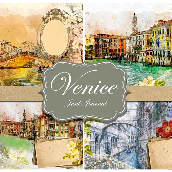 Venice watercolor, junk magazine, scrapbooking paper, digital set, venice old vintage, watercolor set, frames