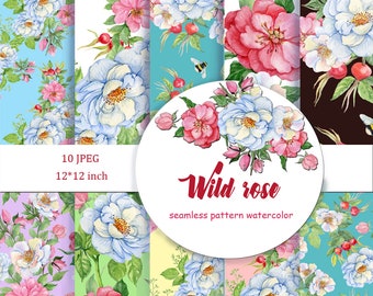 Wild Rose Seamless Pattern Floral Digital paper Scrapbooking flowers background, Hand painting watercolor roses