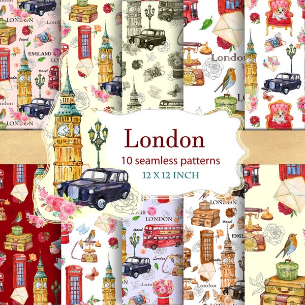 London Seamless Patterns, Digital Paper, Illustrations de voyage, London Bus, Big Ben, Aquarelle, scrapbook numérique 12 * 12 pouces