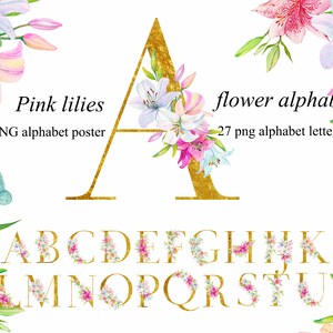 Gold Lilies, Floral Alphabet,letters, monogram, Wedding clip art, 27 Png and Poster with Alphabet Active Free