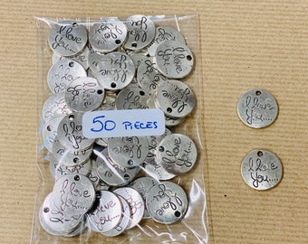 50 Charms I LOVE YOU, small metal alloy pendant - about 50 pieces per bag