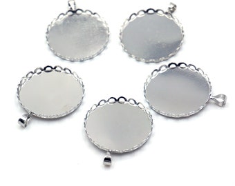 5 à 1000 Support pendentif de cabochon plat rond dentelé couleur argent/platine 25 mm (x5 - x100 - x500 - x1000)