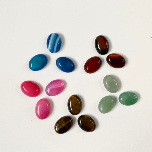 Cabochon en pierres naturelles x3 (agate rose, vert, bleu, rouge // oeil de tigre) 18x13x5mm