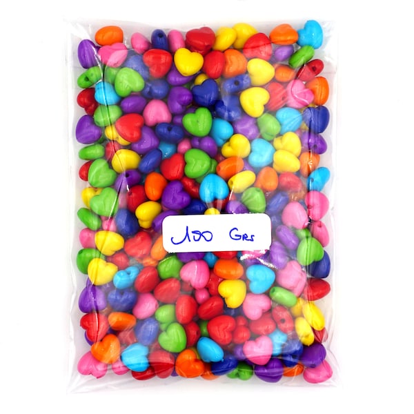 Perles acryliques opaques, cœur, multicolores - SACHET DE 100 GRAMMES