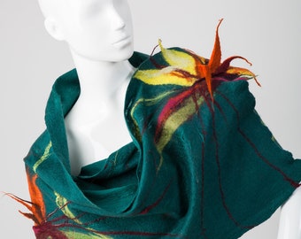 Shawl Strelitzia reginae, Art scarves, Nuno felt scarf, Wool scarf, Nuno felt wrap, OOAK, Handmade felted.