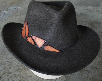 Cappello da cowboy western - Lana - Marrone - Smalto geometrico in rame - Ricamo - Fascia per cappello - Pezzo unico