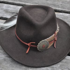 May include: A brown felt cowboy hat with a brown leather band and a metal concho. The hat has a white feather trim.