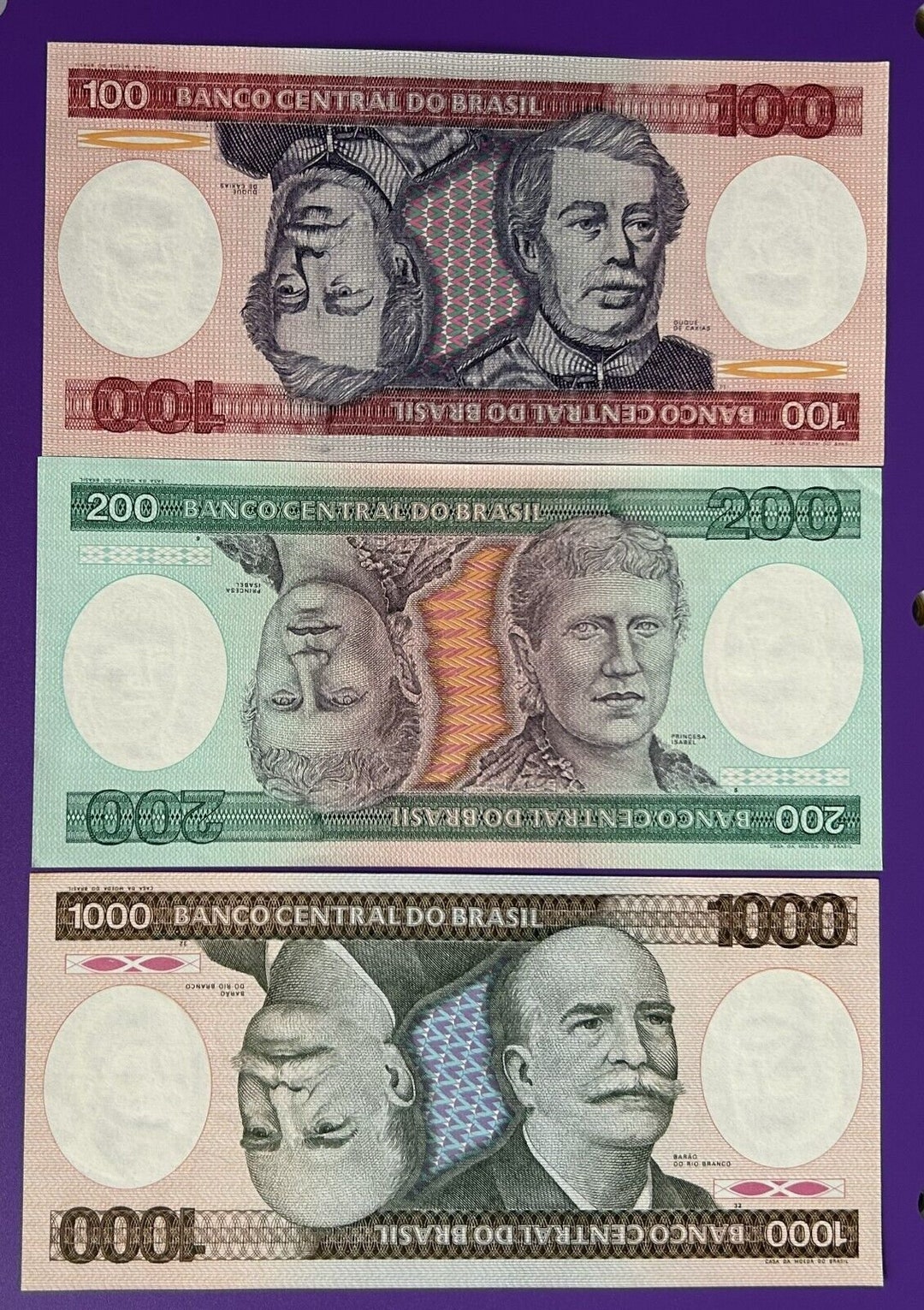 Brazil 100, 200, 1000 Cruzeiros Banknote Set 1981-1984, Uncirculated ...