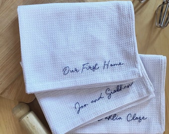 Personalised Hand Embroidered Slogan Tea Towel White | 100% Cotton Honeycomb Tea Towel | Custom Duff Stitches