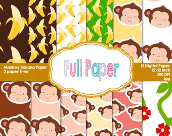 Monkey Banana Digital Papers-Monkey paper-Banana paper-Digital Paper-Curious George invite-paper decor-Party Suplies-Party Decor-Birthday