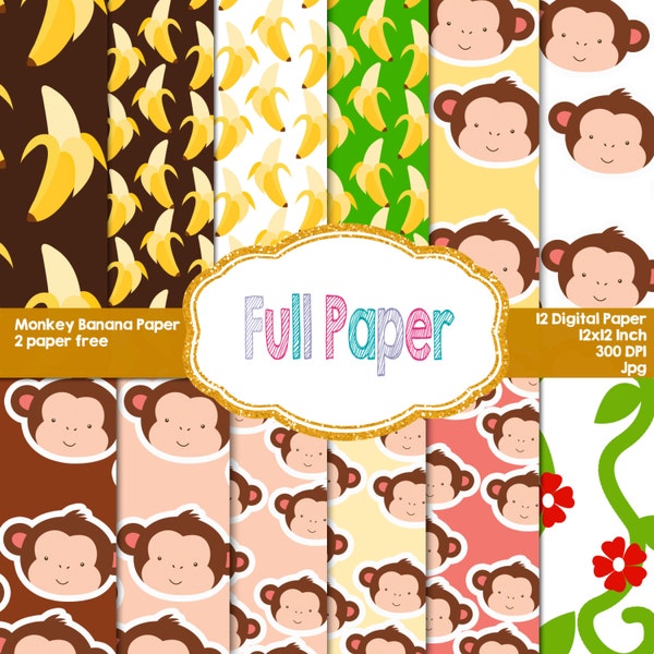 Monkey Banana Digital Papers-Monkey paper-Banana paper-Digital Paper-Curious George invite-paper decor-Party Suplies-Party Decor-Birthday