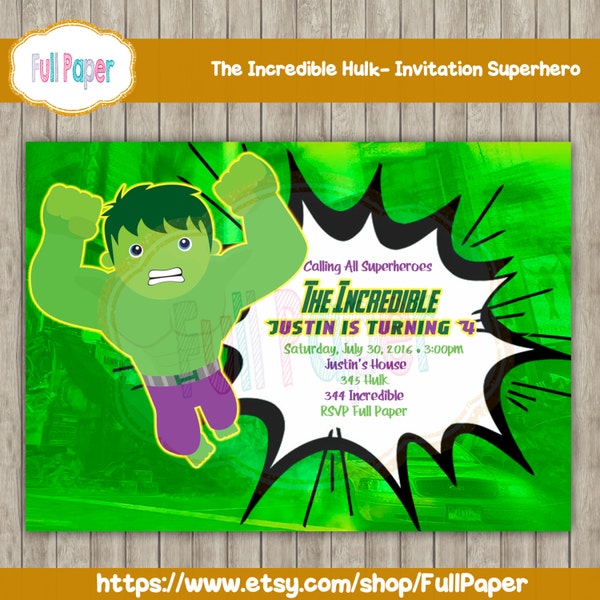 L'incroyable Hulk-Invitation super-héros-Costume-fête d'anniversaire-Partie imprimable-Party Supplies-Hulk Invitation-Boys inviter