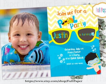 Pool Party boy Invitation With Photo Pool Party Birthday Swimming Party Invitation Beach party invitation Splish Splash Invitation