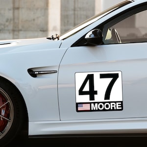 Race Car Number Plate - Permanent Vinyl or Reusable Magnet - Custom Driver Name, Colors, & Flag