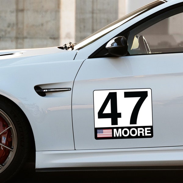 Race Car Number Plate - Permanent Vinyl or Reusable Magnet - Custom Driver Name, Colors, & Flag