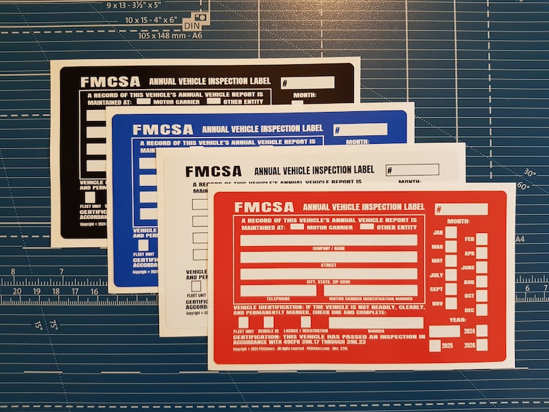 Personalized annual USDOT FMCSA and FHWA Vehicle Inspection Decals. Save time and let us prefill each DOT Inspection Sticker with your truck's information. During checkout, type your company details that you want printed on the decal.