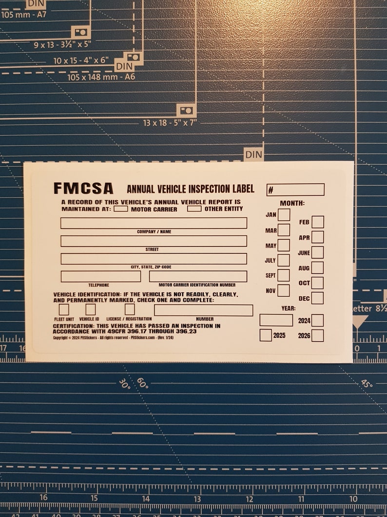 Personalized annual USDOT FMCSA and FHWA Vehicle Inspection Decals. Save time and let us prefill each DOT Inspection Sticker with your truck's information. During checkout, type your company details that you want printed on the decal.