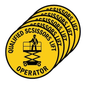 May include: A stack of yellow and black circular stickers. Each sticker features the words "QUALIFIED SCISSORS LIFT OPERATOR" around the edge. A black silhouette of a person operating a scissor lift is in the center.