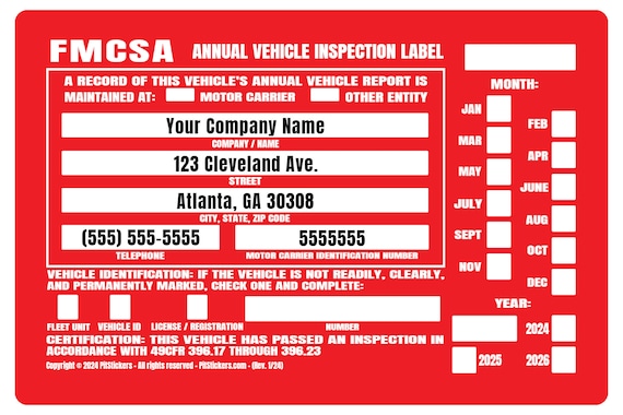 Personalized FMCSA Annual Vehicle Inspection Label - Customized With Your Company Info