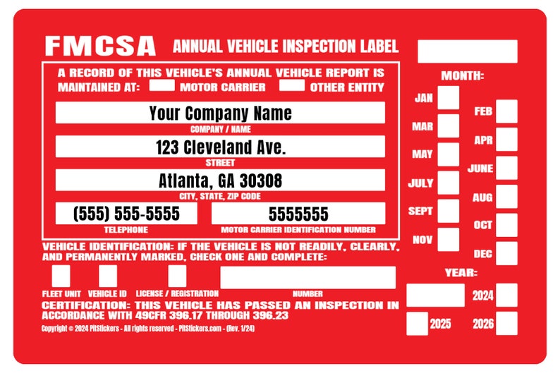 Personalized annual USDOT FMCSA and FHWA Vehicle Inspection Decals. Save time and let us prefill each DOT Inspection Sticker with your truck's information. During checkout, type your company details that you want printed on the decal.