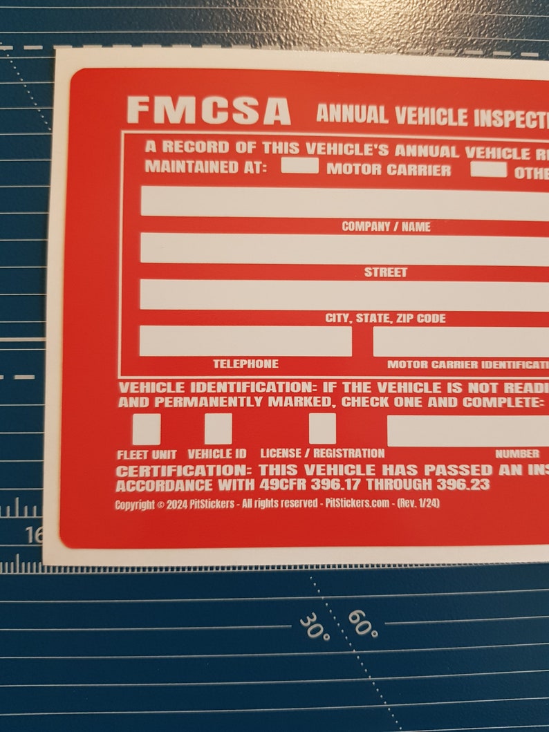 Personalized annual USDOT FMCSA and FHWA Vehicle Inspection Decals. Save time and let us prefill each DOT Inspection Sticker with your truck's information. During checkout, type your company details that you want printed on the decal.
