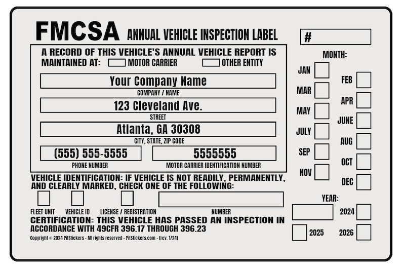 Personalized annual USDOT FMCSA and FHWA Vehicle Inspection Decals. Save time and let us prefill each DOT Inspection Sticker with your truck's information. During checkout, type your company details that you want printed on the decal.