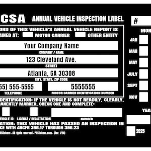 Personalized annual USDOT FMCSA and FHWA Vehicle Inspection Decals. Save time and let us prefill each DOT Inspection Sticker with your truck's information. During checkout, type your company details that you want printed on the decal.