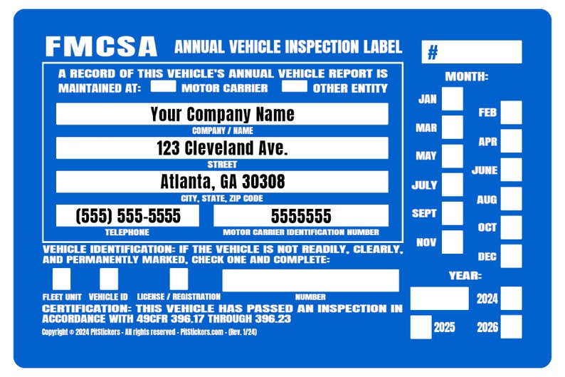 Personalized annual USDOT FMCSA and FHWA Vehicle Inspection Decals. Save time and let us prefill each DOT Inspection Sticker with your truck's information. During checkout, type your company details that you want printed on the decal.