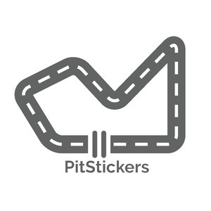 May include: A grey stylised illustration of a race track with the text "PitStickers" below.