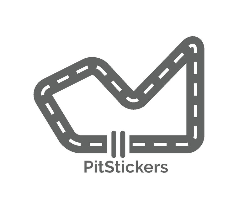 May include: A grey stylised illustration of a race track with the text "PitStickers" below.